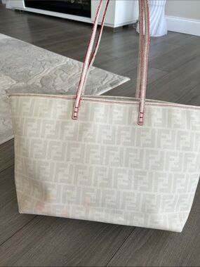Fendi Ivory Canvas Tote with Pink Trim